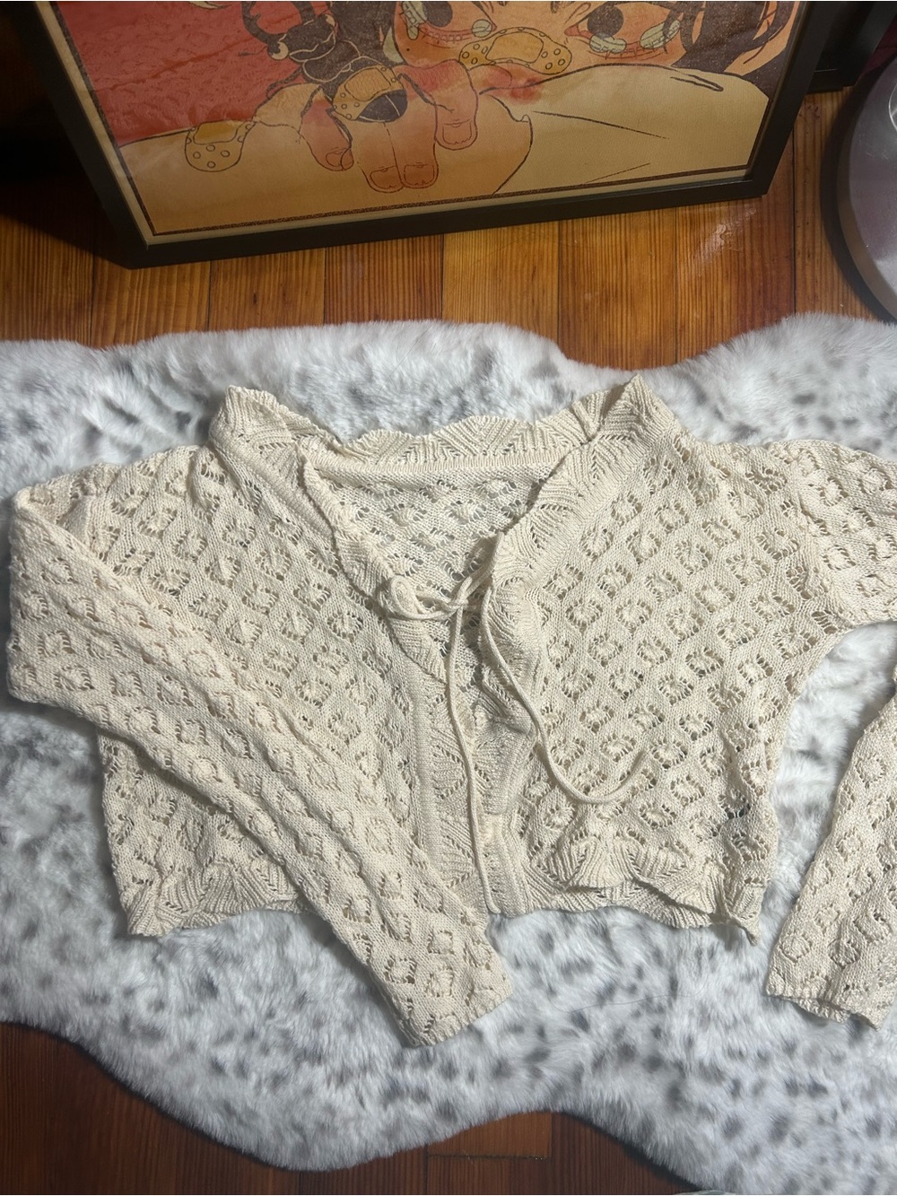 Cropped Cream Open-Knit Tie-Front Cardigan